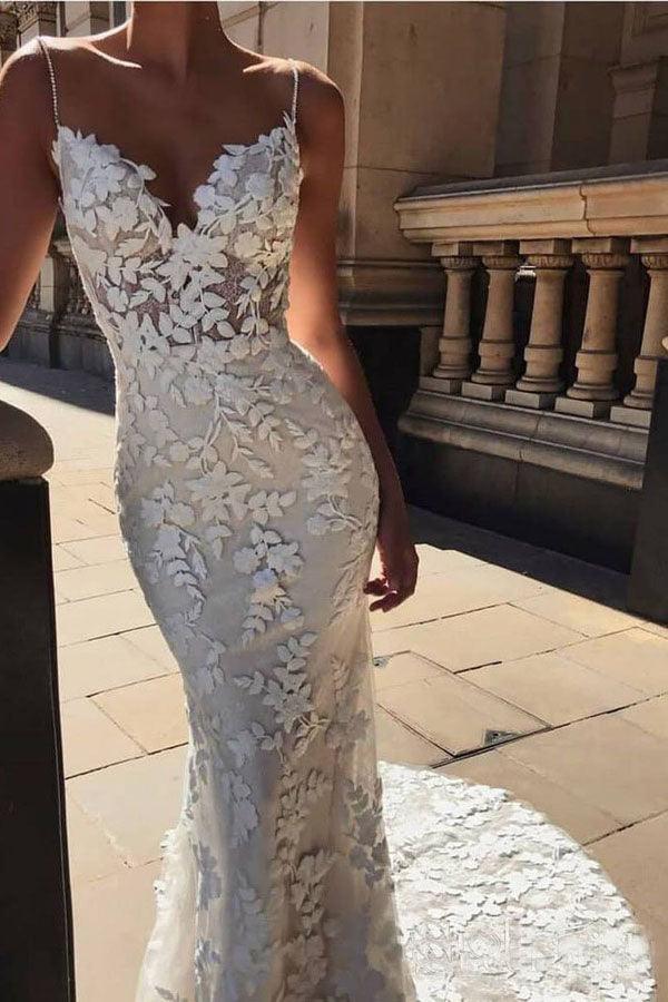 NumberSea Spaghettiträger Vintage Meerjungfrau Spitzenapplikationen Brautkleid, MW288