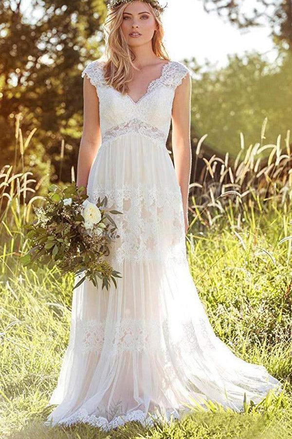 Vestido de novia bohemio de encaje con escote en V y corte A de NumberSea, vestido de novia para playa, MW293