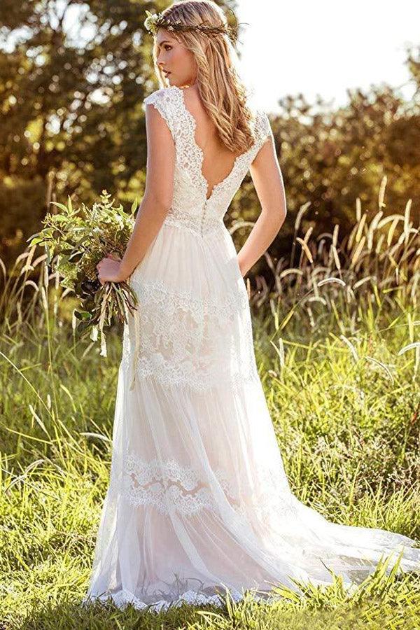 Vestido de novia bohemio de encaje con escote en V y corte A de NumberSea, vestido de novia para playa, MW293