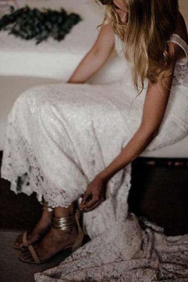 Vestido de novia estilo sirena con escote en V y encaje color marfil de NumberSea, MW296