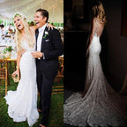 Vestido de novia estilo sirena con escote en V y encaje color marfil de NumberSea, MW296