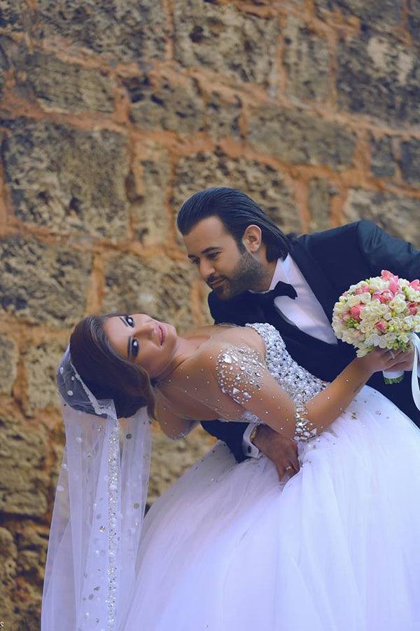 Vestido de novia vintage NumberSea de tul con mangas largas y cuentas, MW297