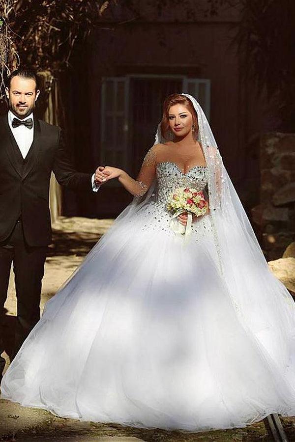 NumberSea Vintage Long Sleeve Beadings Ball Gown Tulle Wedding Dress