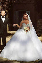 NumberSea Vintage Long Sleeve Beadings Ball Gown Tulle Wedding Dress