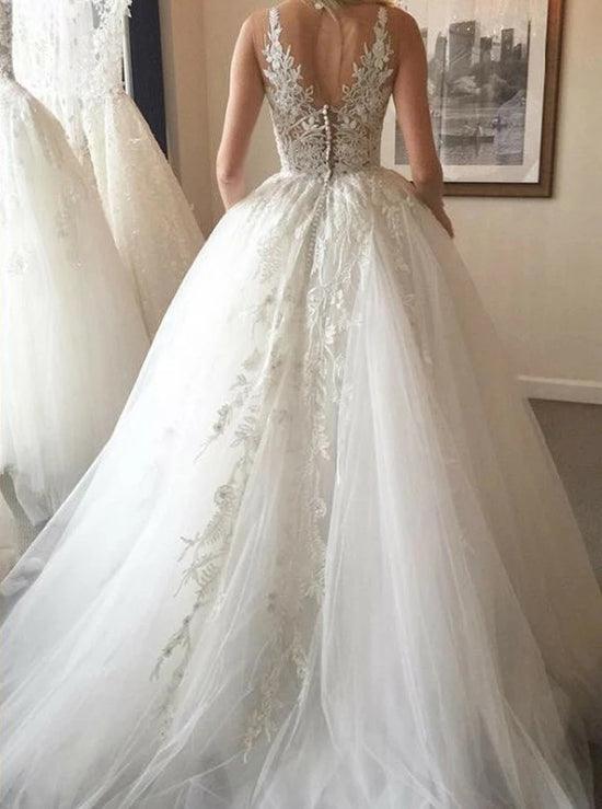 Vestido de novia NumberSea económico con escote en V, espalda abierta y apliques, color marfil, MW302