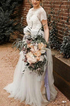 Vestido de novia campestre de manga corta con encaje y tul plateado y fajín NumberSea, MW308