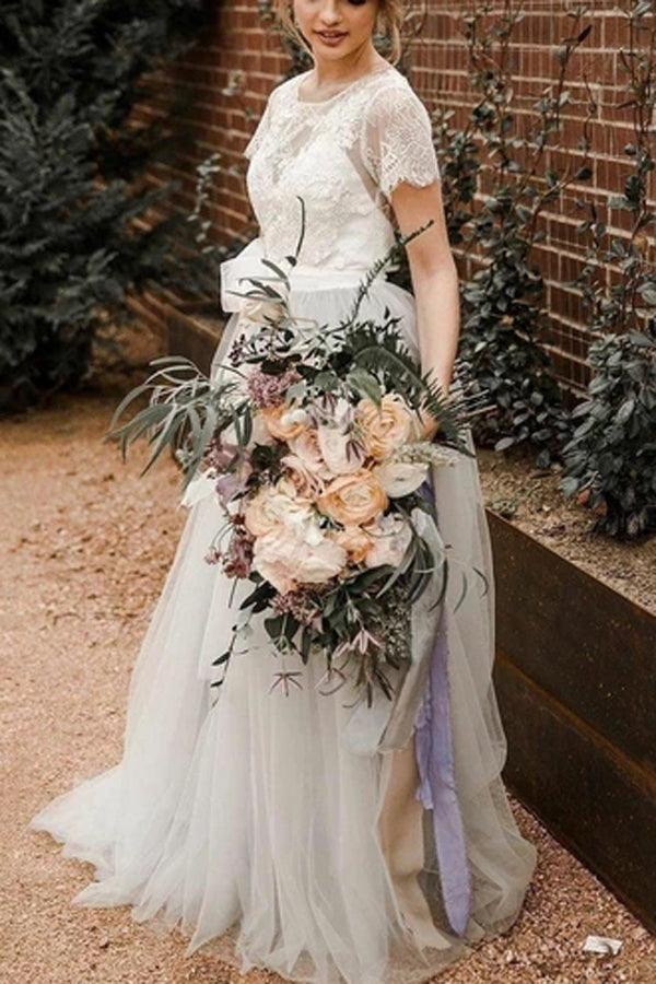 Vestido de novia campestre de manga corta con encaje y tul plateado y fajín NumberSea, MW308