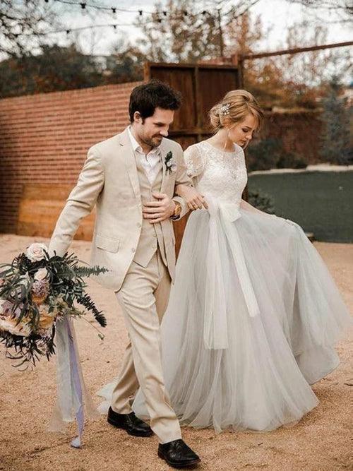 Vestido de novia campestre de manga corta con encaje y tul plateado y fajín NumberSea, MW308
