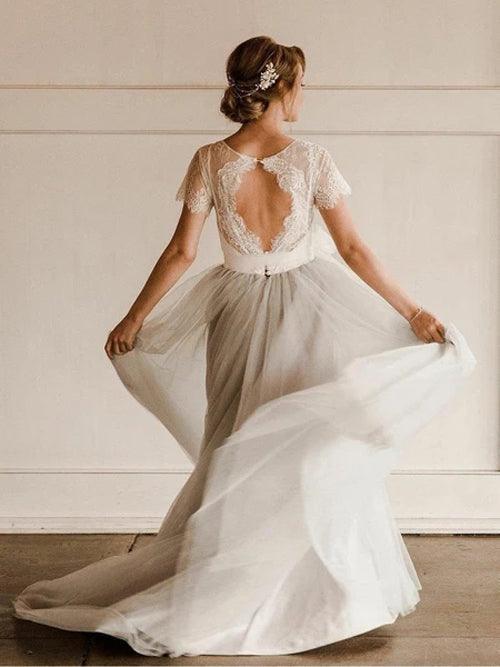 Vestido de novia campestre de manga corta con encaje y tul plateado y fajín NumberSea, MW308