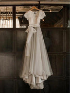 Vestido de novia campestre de manga corta con encaje y tul plateado y fajín NumberSea, MW308