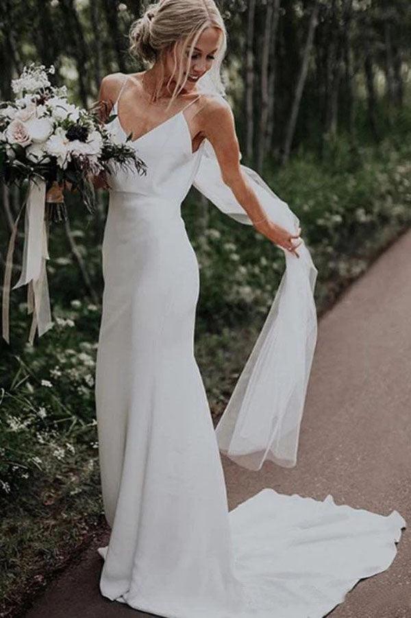 Vestido de novia bohemio de satén con escote en V y tirantes finos de NumberSea, MW310