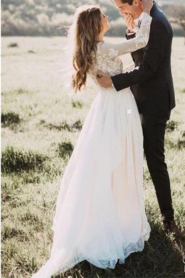 Vestido de novia rústico de manga larga con apliques de encaje color marfil, MW315