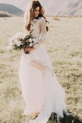 Vestido de novia rústico de manga larga con apliques de encaje color marfil, MW315