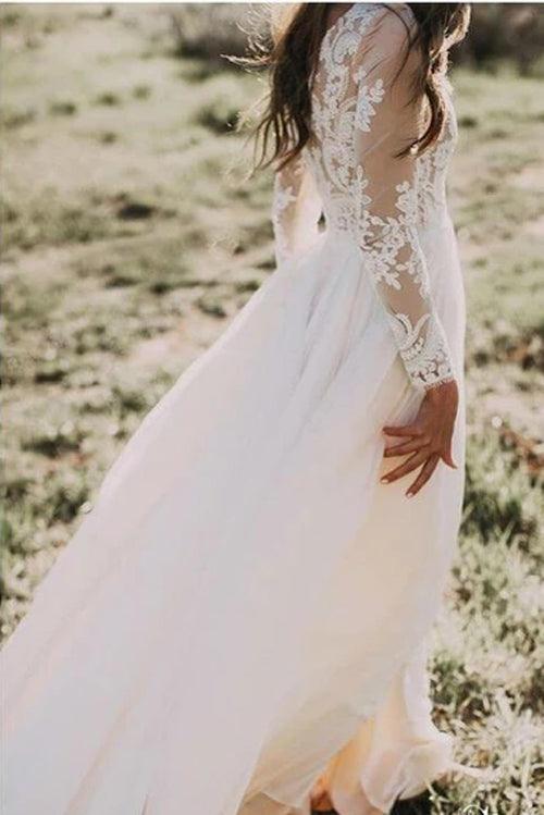 Vestido de novia rústico de manga larga con apliques de encaje color marfil, MW315