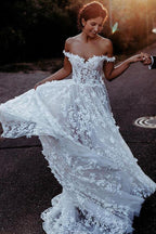 Vestido de novia playero de encaje con hombros descubiertos NumberSea, estilo rústico bohemio, MW317