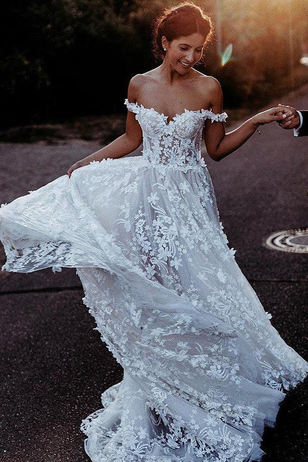 Vestido de novia playero de encaje con hombros descubiertos NumberSea, estilo rústico bohemio, MW317