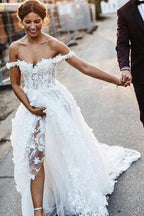 Vestido de novia playero de encaje con hombros descubiertos NumberSea, estilo rústico bohemio, MW317