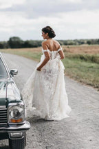 Vestido de novia playero de encaje con hombros descubiertos NumberSea, estilo rústico bohemio, MW317
