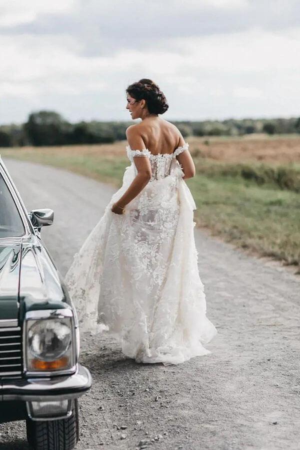 Vestido de novia playero de encaje con hombros descubiertos NumberSea, estilo rústico bohemio, MW317