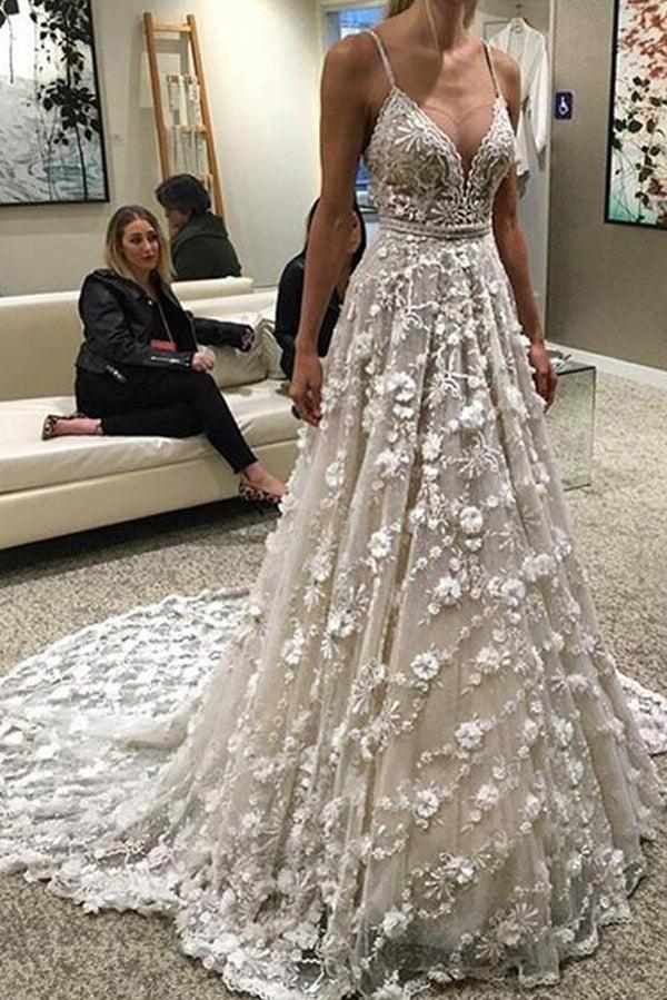 Vestido de novia NumberSea con tirantes finos, cola de corte, espalda descubierta y cuentas, MW319