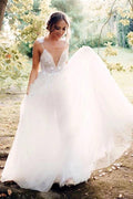 Vestido de novia largo NumberSea con escote en A, tirantes finos y encaje, corte en A, cola larga, MW324