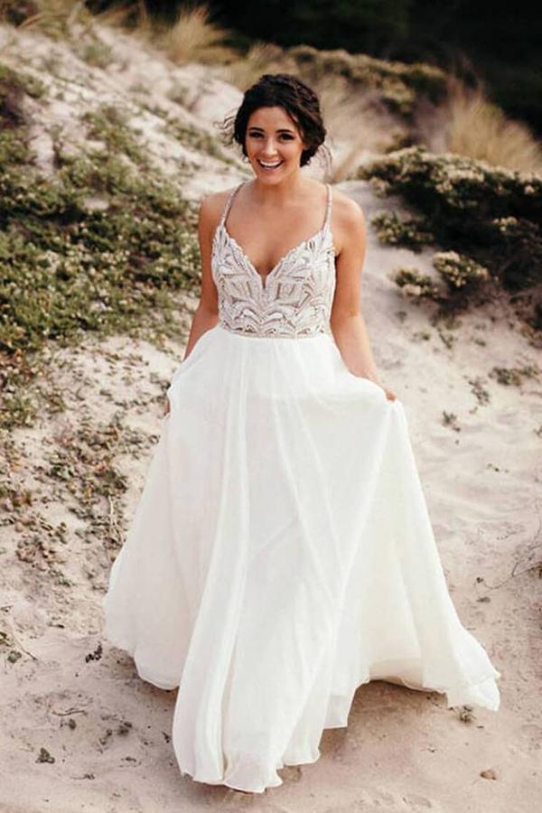Vestido de novia rústico de gasa color marfil con tirantes finos y cuentas de NumberSea, MW328