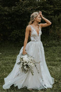 Vestido de novia de playa NumberSea con escote en V, tul transparente y encaje color marfil, espalda en V, MW329