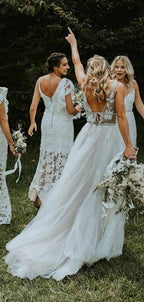 Vestido de novia de playa NumberSea con escote en V, tul transparente y encaje color marfil, espalda en V, MW329
