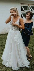 Vestido de novia de playa NumberSea con escote en V, tul transparente y encaje color marfil, espalda en V, MW329