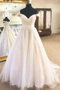 Vestido de novia NumberSea de tul con hombros descubiertos, corte A, sin mangas, color marfil y pliegues, MW330