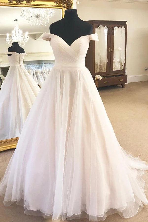 Vestido de novia NumberSea de tul con hombros descubiertos, corte A, sin mangas, color marfil y pliegues, MW330
