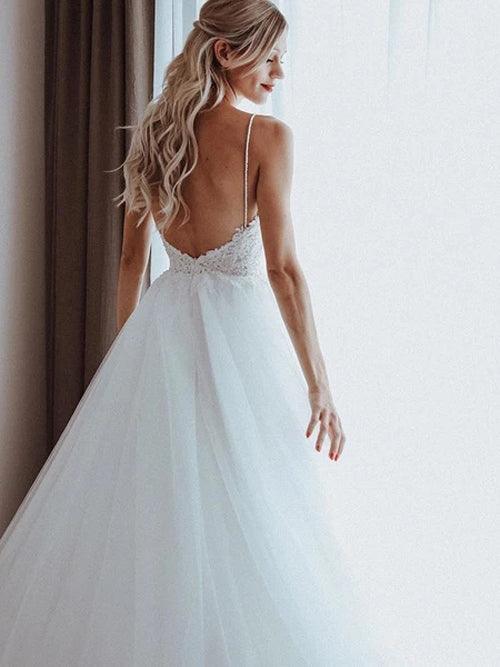 Vestido de novia de corte A con tirantes finos, tul brillante, apliques de cuentas y escote en A, MW338