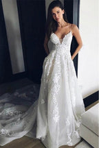 Vestido de novia playero de tirantes finos NumberSea, estilo bohemio, con apliques de encaje, MW340