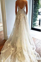 Vestido de novia playero de tirantes finos NumberSea, estilo bohemio, con apliques de encaje, MW340