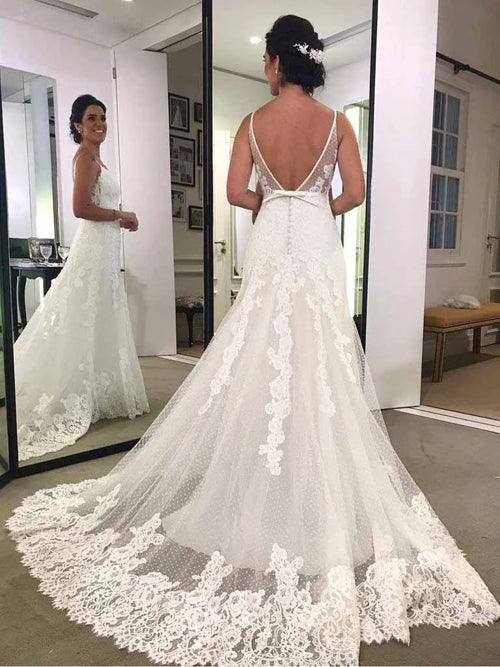 Vestido de novia playero de encaje con espalda descubierta, estampado y tirantes finos de NumberSea, MW341