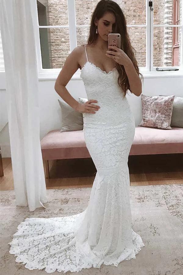 Vestido de novia blanco sin mangas con encaje y corte sirena con tirantes finos de NumberSea, MW354
