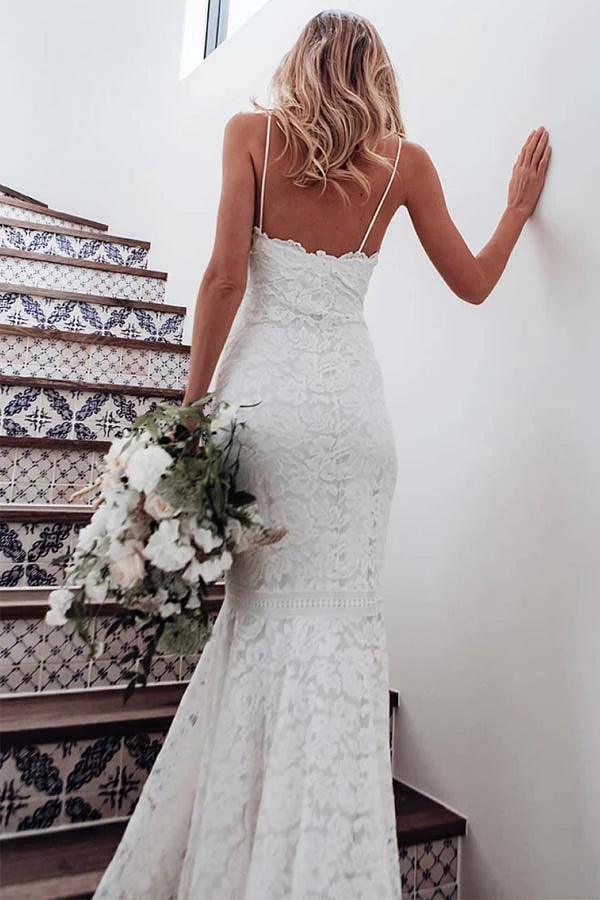 Vestido de novia blanco sin mangas con encaje y corte sirena con tirantes finos de NumberSea, MW354