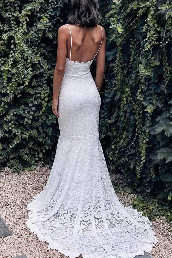 Vestido de novia blanco sin mangas con encaje y corte sirena con tirantes finos de NumberSea, MW354