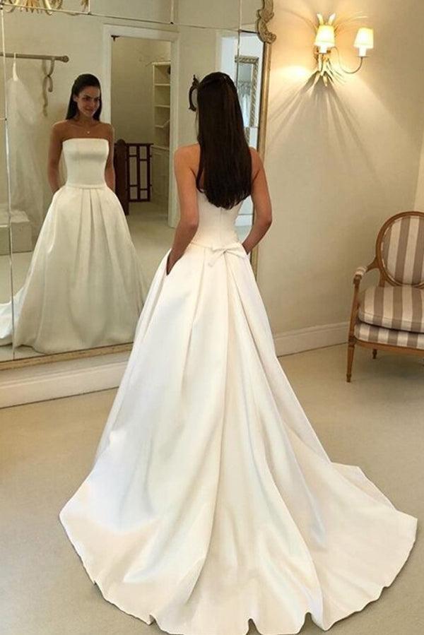 Vestido de novia NumberSea con tirantes finos, corte A, plisado y cola de corte, color marfil, MW368