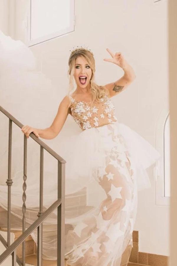 Vestido de novia NumberSea único con estampado de estrellas de marfil y encaje transparente, vestidos de novia vanguardistas, MW372