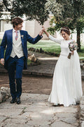 Vestido de novia NumberSea con corte A, sencillo, de satén marfil con bordados y mangas largas, MW373