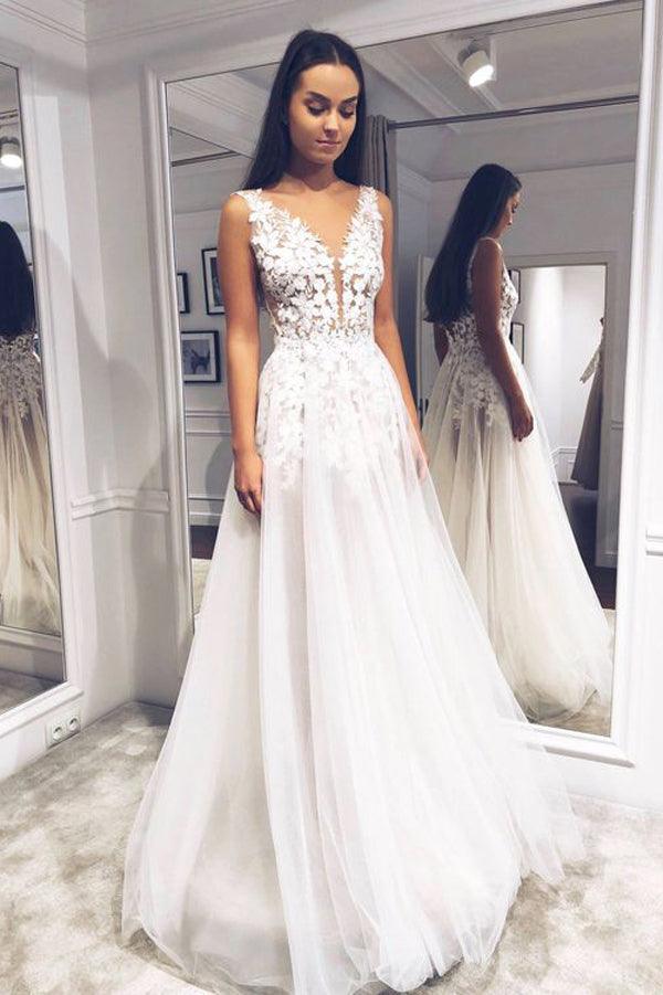 NumberSea - Vestidos de novia sencillos de encaje, corte A, escote en V y espalda abierta, MW378