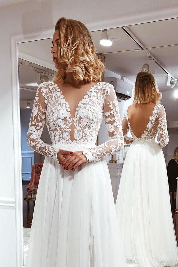Vestido de novia NumberSea sencillo con escote en V, espalda abierta, encaje color marfil y mangas largas, MW381