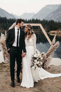 Vestido de novia NumberSea de dos piezas de gasa blanca con cuello redondo y encaje, manga larga, MW392