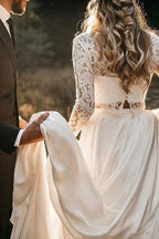 Vestido de novia NumberSea de dos piezas de gasa blanca con cuello redondo y encaje, manga larga, MW392