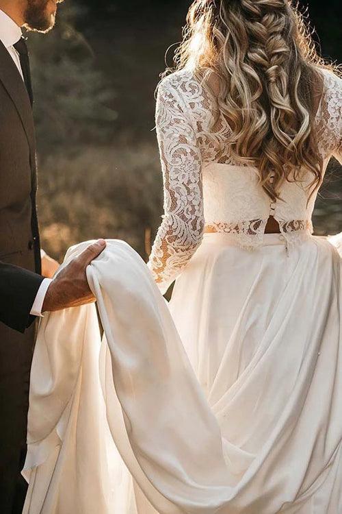 Vestido de novia NumberSea de dos piezas de gasa blanca con cuello redondo y encaje, manga larga, MW392