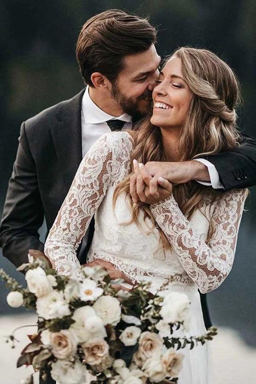 Vestido de novia NumberSea de dos piezas de gasa blanca con cuello redondo y encaje, manga larga, MW392