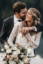 Vestido de novia NumberSea de dos piezas de gasa blanca con cuello redondo y encaje, manga larga, MW392