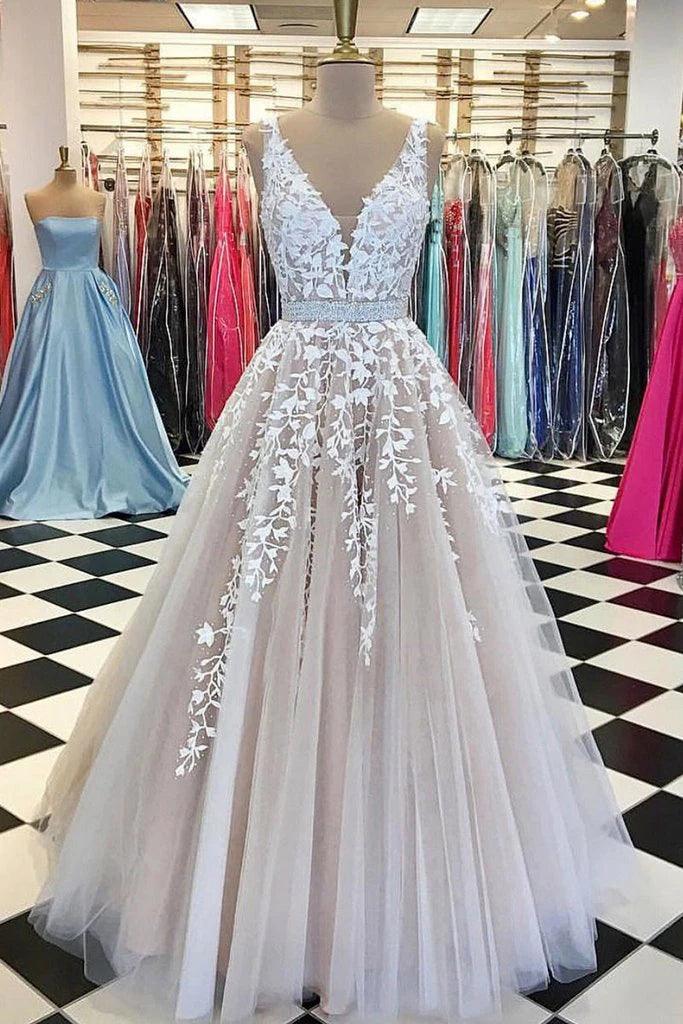 Vestido de novia largo de encaje con escote en V de NumberSea, vestido de fiesta de tul con apliques, MW396