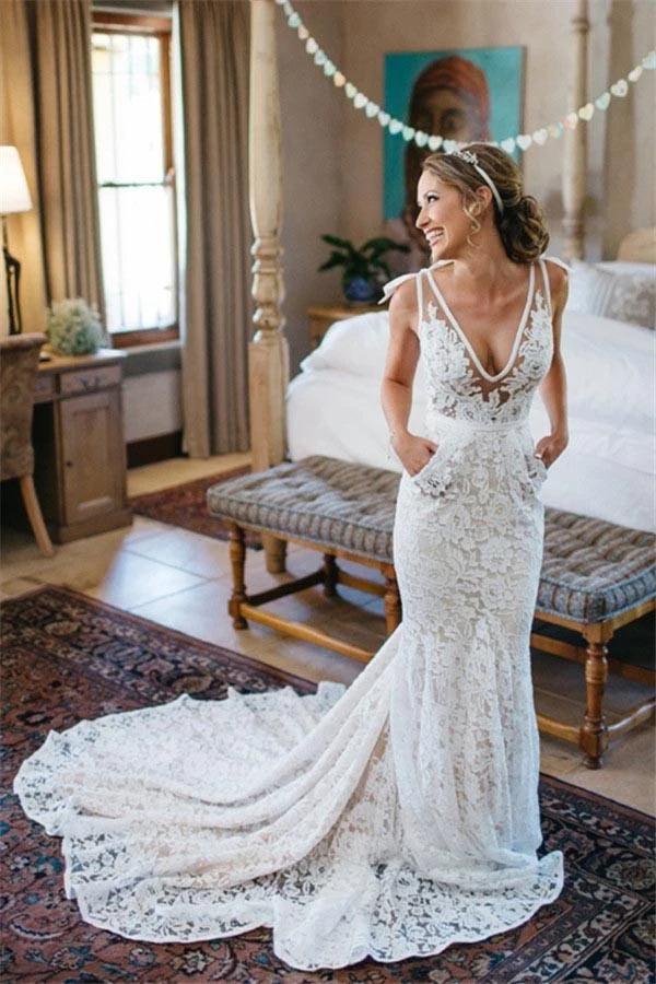 Vestido de novia NumberSea con escote en V, corte sirena, sin mangas, espalda descubierta, encaje, bolsillos y cola de corte, MW398